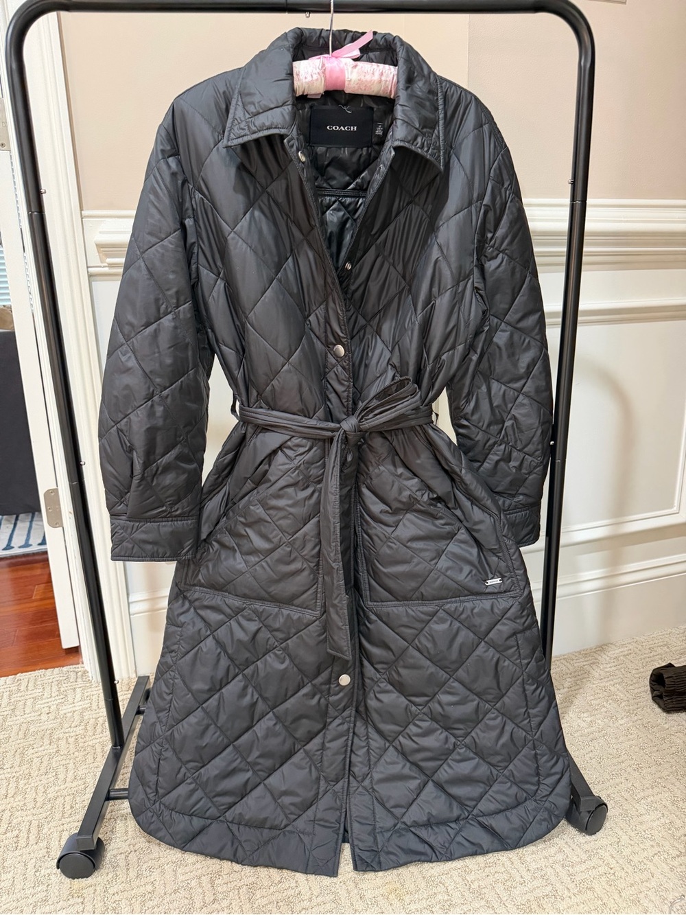 Coach Black Quilted Belted Long Puffer Coat